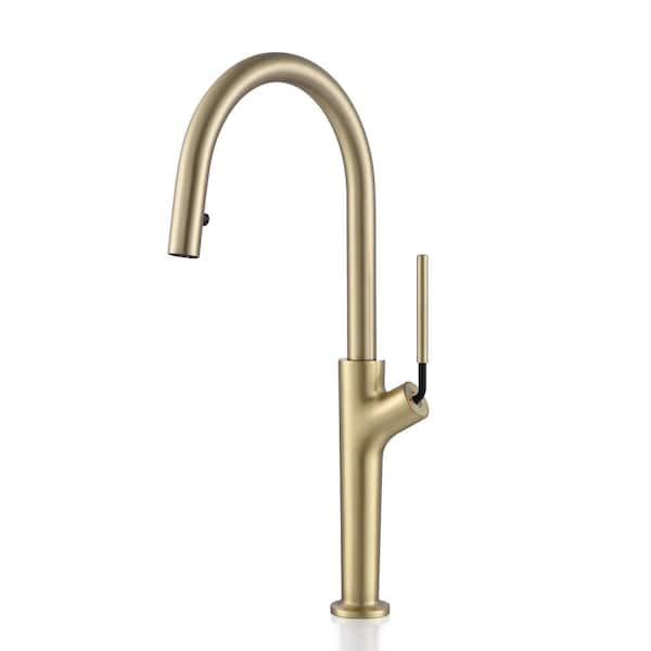 AIMADI Single Handle Pull Down Sprayer Kitchen Faucet with Advanced Spray Brass Single Hole Kitchen Basin Taps in Brushed Gold