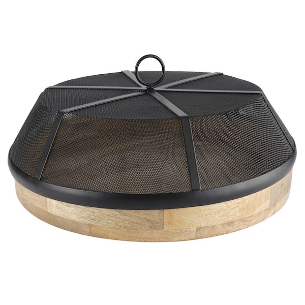 14 in. x 6 in. x 14 in. Black Mango Wood Lazy Susan with Iron Mesh Food Dome Cover