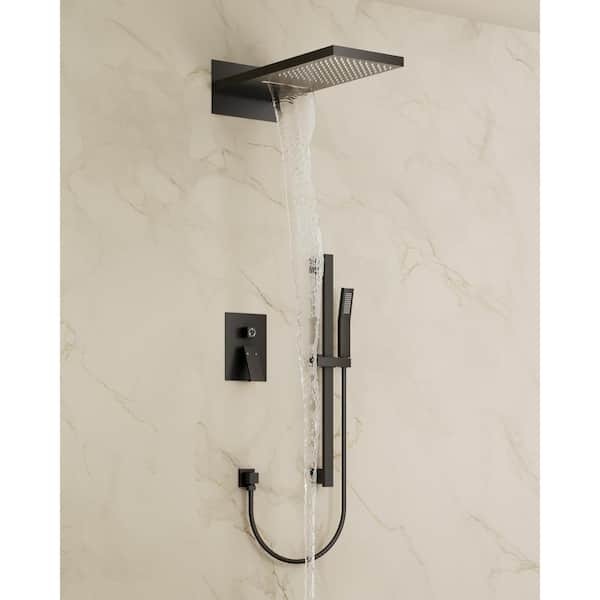 3-Spray 22 in. Wall Mount Rainfll and Waterfall Dual Shower Head 2.5 GPM in Matte Black(Vlave Included)