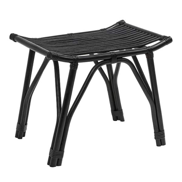 Gabriel 17.7 in. H Modern Bohemian Handcrafted Rattan/Teak Wood Curved Seat Accent Stool, Black