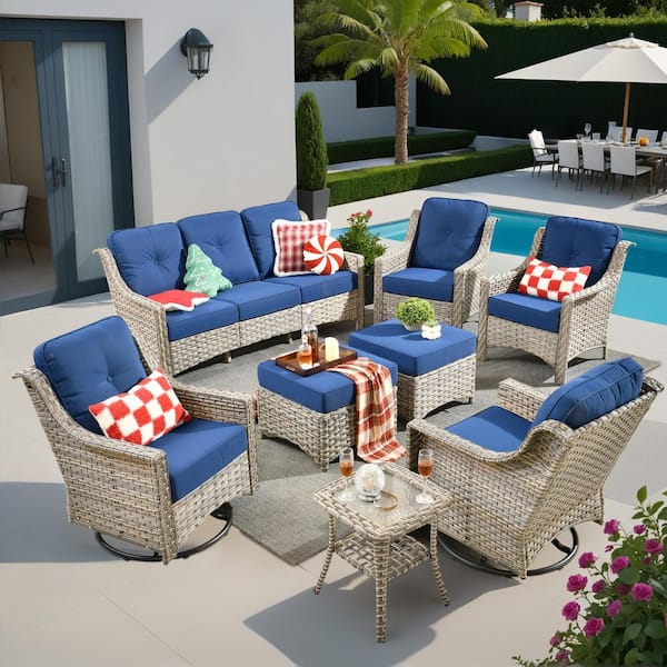 Caodoc Harpera 8-Piece Outdoor Wicker Patio Conversation Sofa Seating Set With Swivel Rocker, Ottomans and Navy Blue Cushions