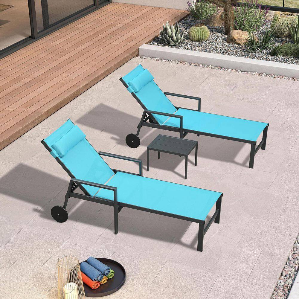 Black Frame Lounge of 3-Pieces Aluminum Outdoor Chaise Lounge with Cushion and Armrests, Blue price history on PriceWatchPro