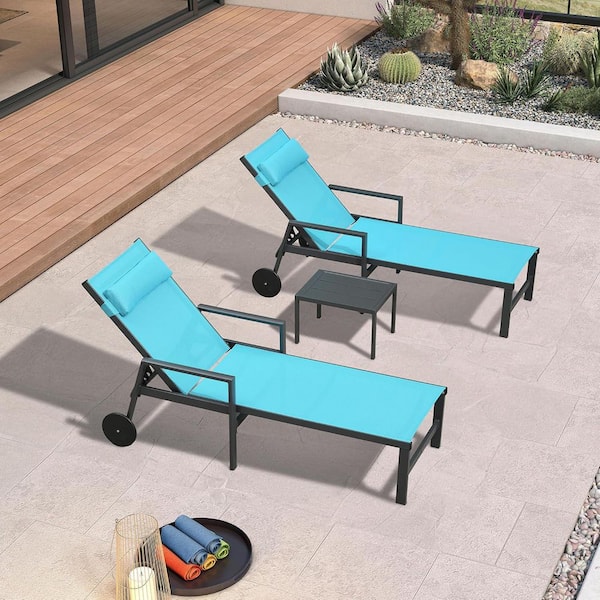 PURPLE LEAF Black Frame Lounge of 2-Pieces Aluminum Outdoor Chaise Lounge with Cushion and Armrests, Blue