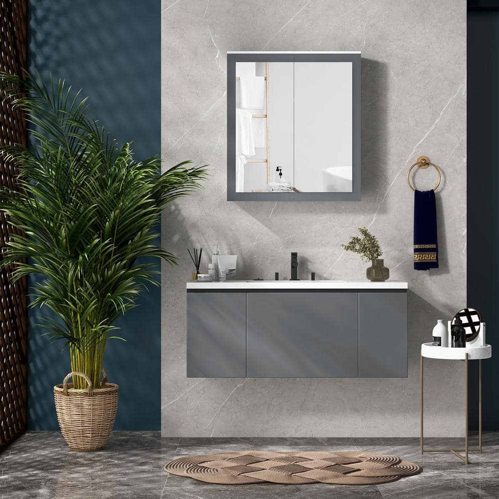 White and Gray MDF Wall Mounted Bathroom Medicine Cabinet with Mirror
