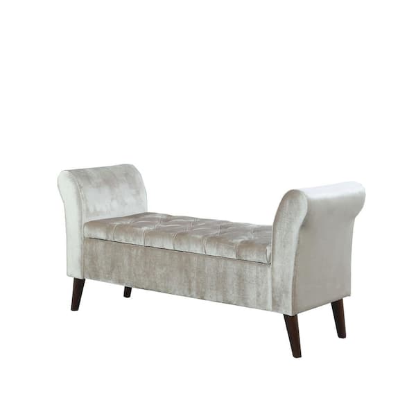 25 in. Beige Brown Sheeny Collette Tufted Storage Bench With Armrest