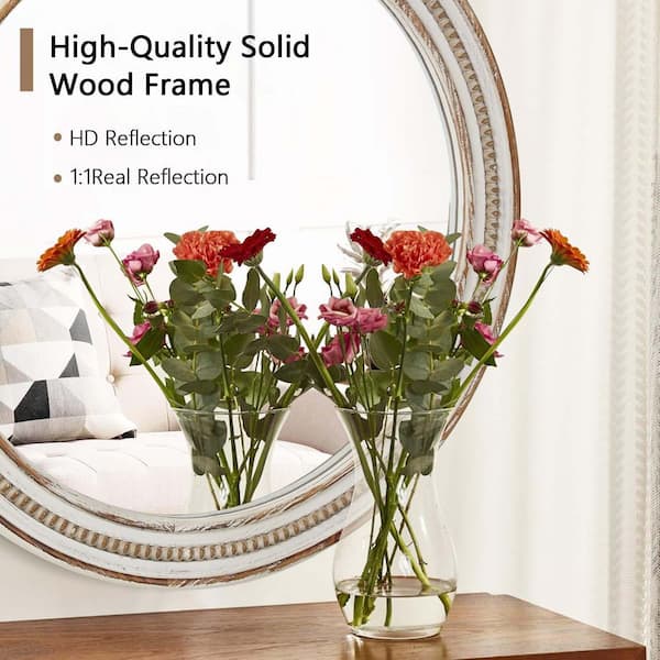 White 23.62 in. W x 23.62 in. H Round Wood Wall Mirror with Beaded Frame, Rustic Farmhouse Circle Mirror for Living Room