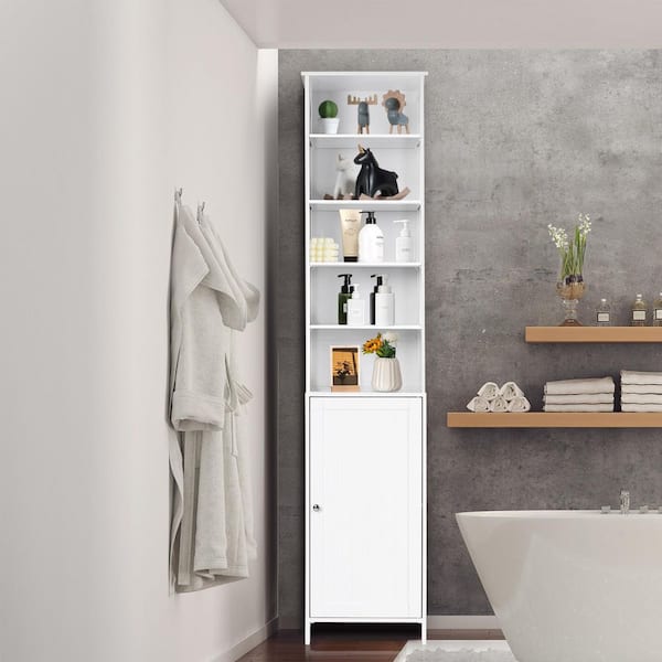 16 in. W x 13.5 in. D x 72 in. H White Freestanding Tall Floor Bathroom Linen Cabinet with Door and Adjustable Shelves