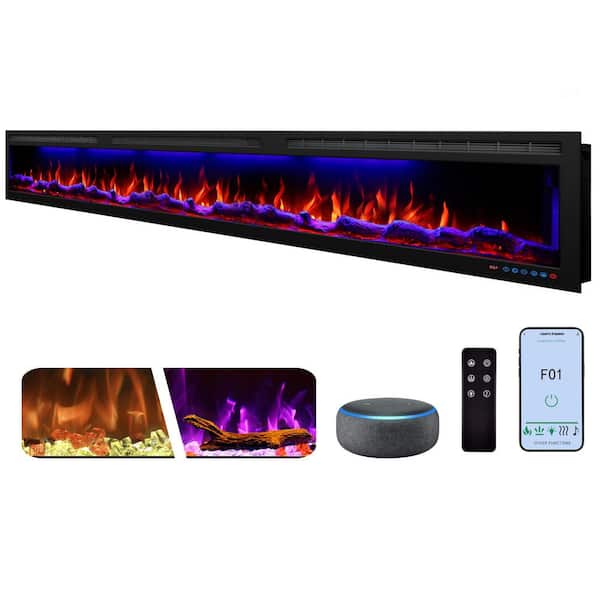 95 in. Smart Electric Fireplace Insert /Wall Mounted in Black, MultiColor Flames, Remote and APP Control, 1500-Watt