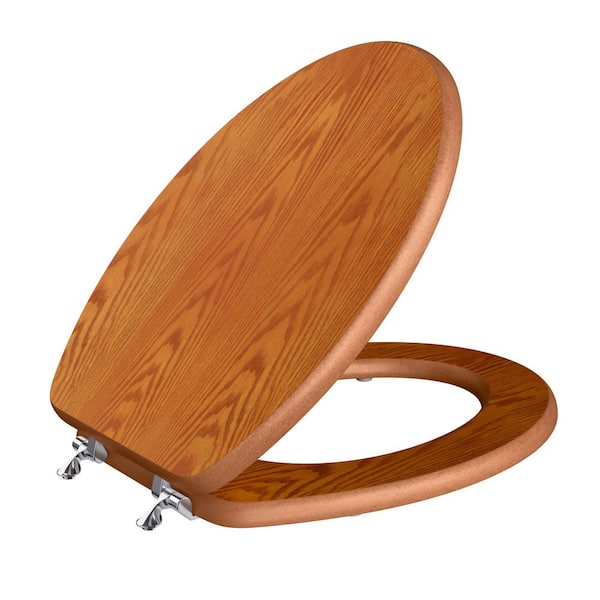 Oak Designer Wood Elongated Toilet Seat, Closed Front with Cover, Chrome Hinges