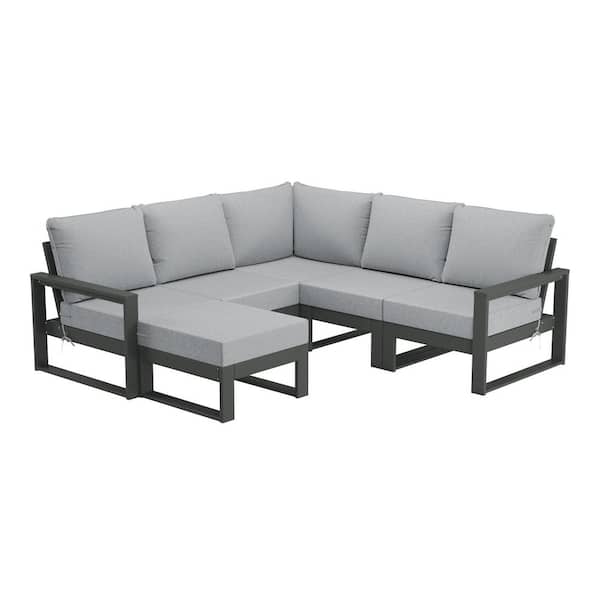 Endless Gray Frame 6-Piece HDPE Plastic Outdoor Patio Modular Sectional Ottoman Set with Light Gray Cushions
