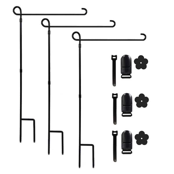 3-Piece Garden Flag Holder Stand, Yard Flag Holder Weather-Proof Metal Powder-Coated Flagpole with Clip and Stopper