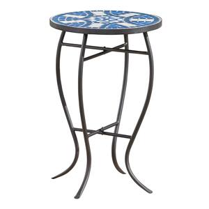 Outdoor Ceramic Tile Side Table with Iron Frame, Blue/White