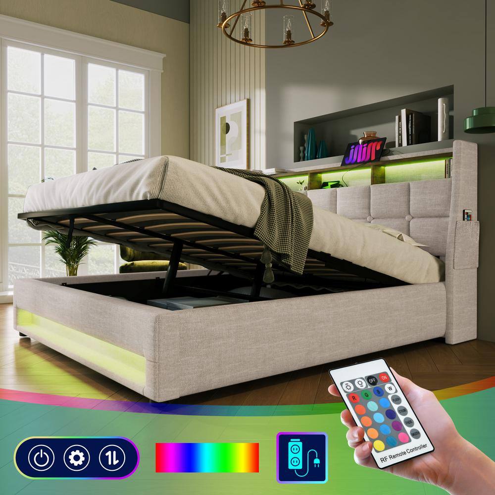 Gray Wood Frame Full Linen Platform Bed with LED Lights, Hydraulic Storage, USB Charging, Storage Headboard, Pockets - thumbnail 4