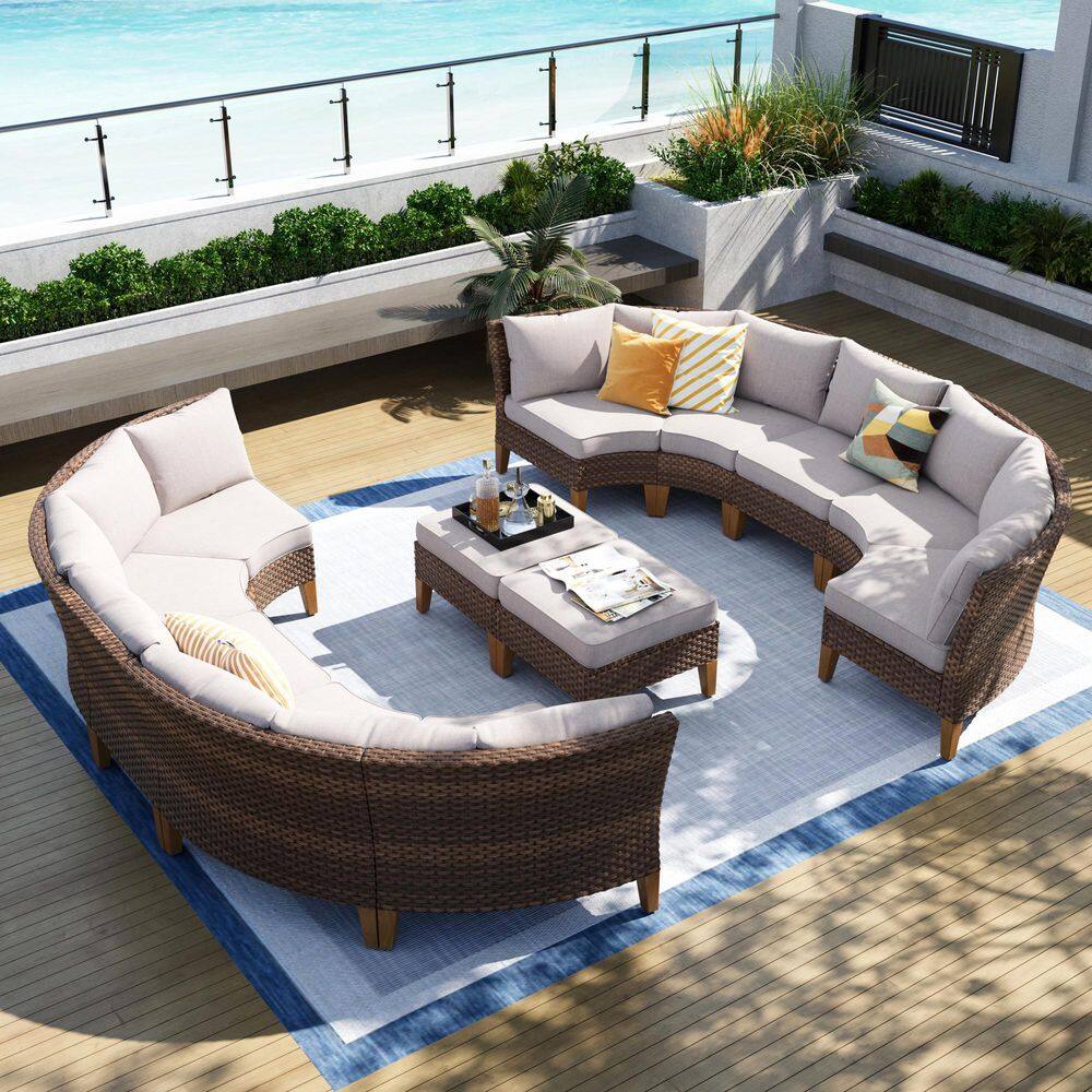 Brown Rattan Wicker 12 Seat 12-Piece Steel Patio Outdoor Sectional Set with Beige Cushions price history on PriceWatchPro