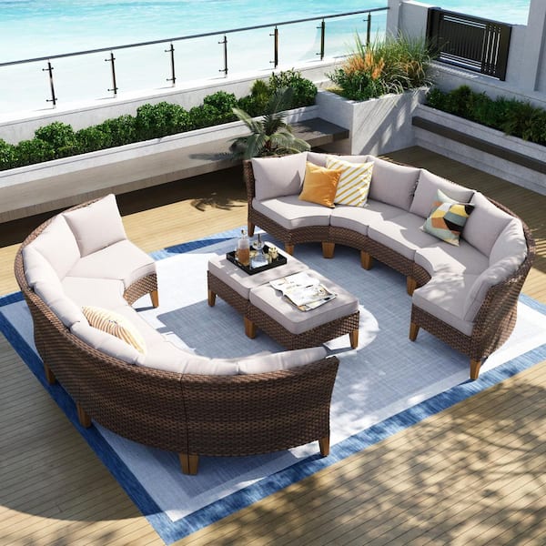PHI VILLA Brown Rattan Wicker 12 Seat 12-Piece Steel Patio Outdoor Sectional Set with Beige Cushions