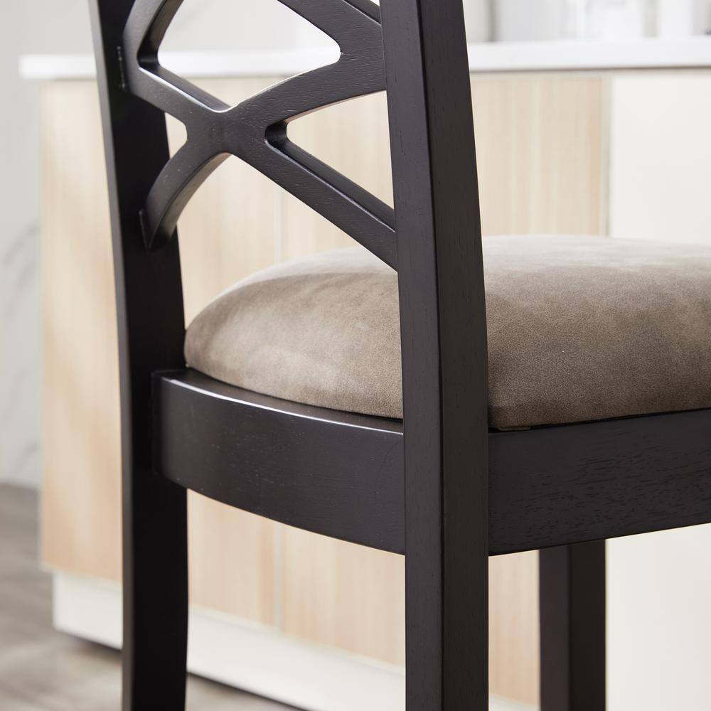 Black Wood Double Crossback Counter Height Stool with Gray Linen Seat