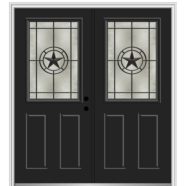MMI Door Elegant Star 68 in. x 80 in. 2-Panel Left-Hand 1/2 Lite Decorative Glass Black Painted Fiberglass Prehung Front Door