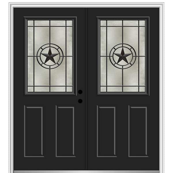 Elegant Star 72 in. x 80 in. 2-Panel Left-Hand 1/2 Lite Decorative Glass Black Painted Fiberglass Prehung Front Door