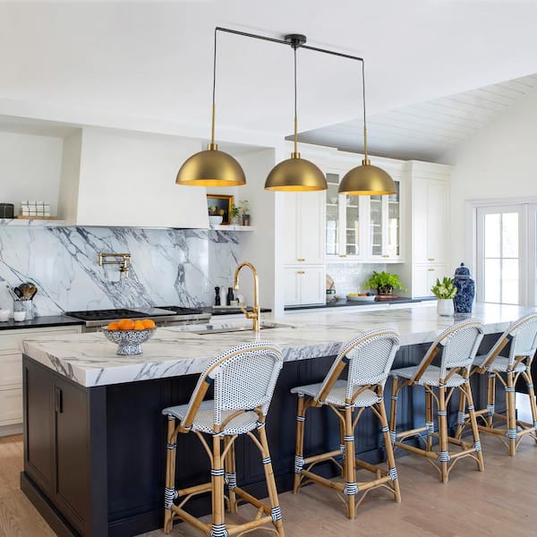 Detroit 53.15 in. 3-Light Brass Linear Kitchen Island Pendant Light with Dome Metal Shades