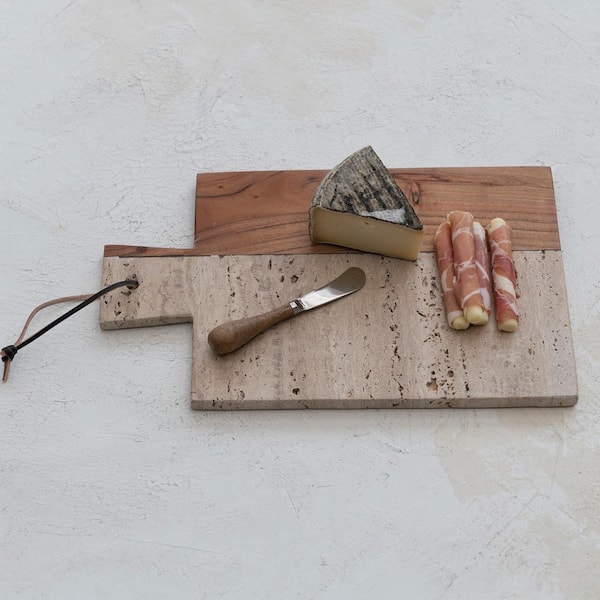 Marble and Acacia Charcuterie Board Set with Cheese Knives, Size: 15 x 8