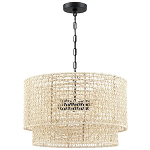 20 in. 4-Light Rattan Tiered Drum Pendant Chandelier Light with Black Canopy