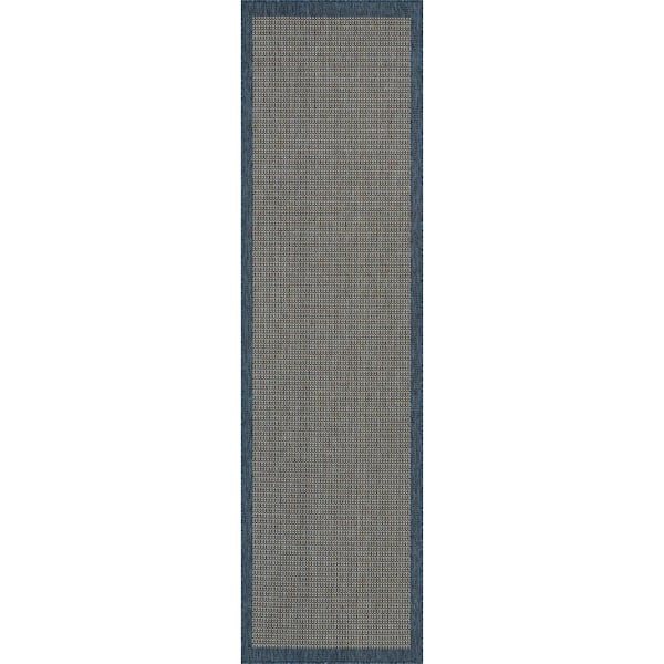 Well Woven Medusa Odin Blue Solid and Striped Border 2 ft. 7 in. x 9 ft. 10 in. Indoor/Outdoor Runner Rug