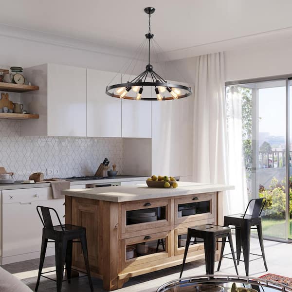 8-Light Black Circle Linear Wagon Wheel Chandelier Sputnik Chandelier for Dining Room with No Bulbs Included