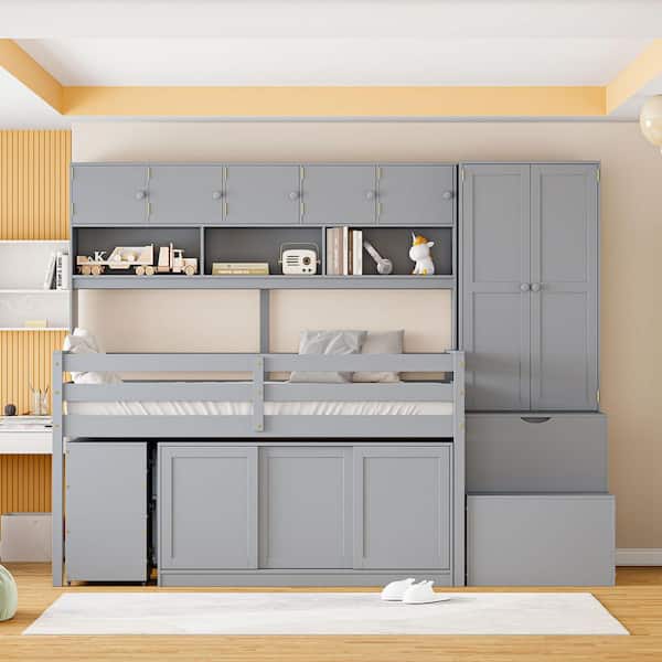 Gray Twin Size Wood Loft Bed with Under-bed Desk, Drawers, Shelves