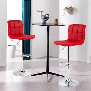 46 in. Red Low Back Metal Adjustable Height Bar Stool with Leather Seat (Set of 2)