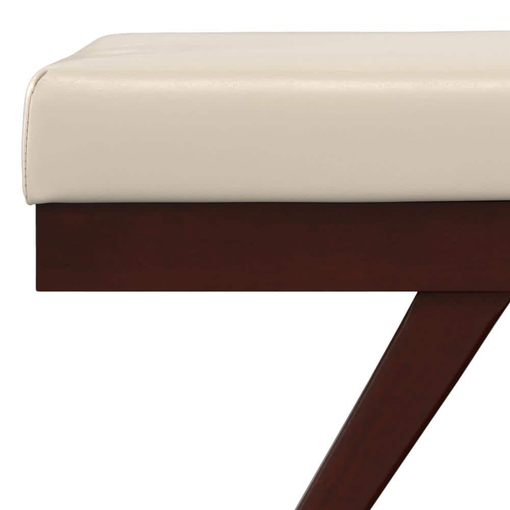 Chanelle 48" Satin Cream Faux Leather Mid-Century Ottoman Bench