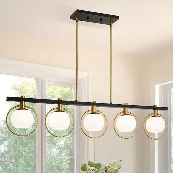 41.73 in. 5-Light Black and Gold Chandelier with White Glass Globe Shade for Kitchen, Living Room (No Bulbs Included)