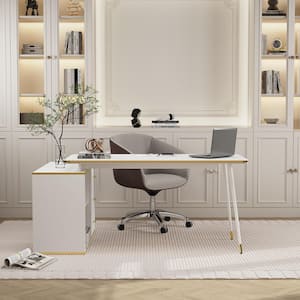 55.1 in. Width L-Shaped White & Golden Wooden 3-Drawer Writing Desk, Computer Desk with 2 Open Shelves