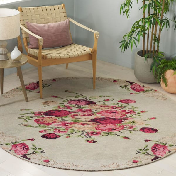 Classic Vintage 6 ft. x 6 ft. Beige/Red Floral Round Rug