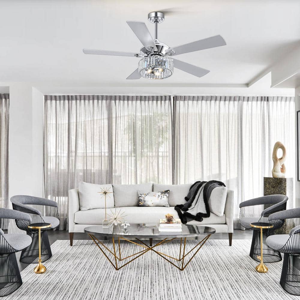 Chrome 52-Inch Ceiling Fan with Crystal Chandelier and Remote