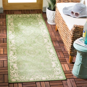 Courtyard Olive/Natural 2 ft. x 10 ft. Floral Indoor/Outdoor Patio  Runner Rug