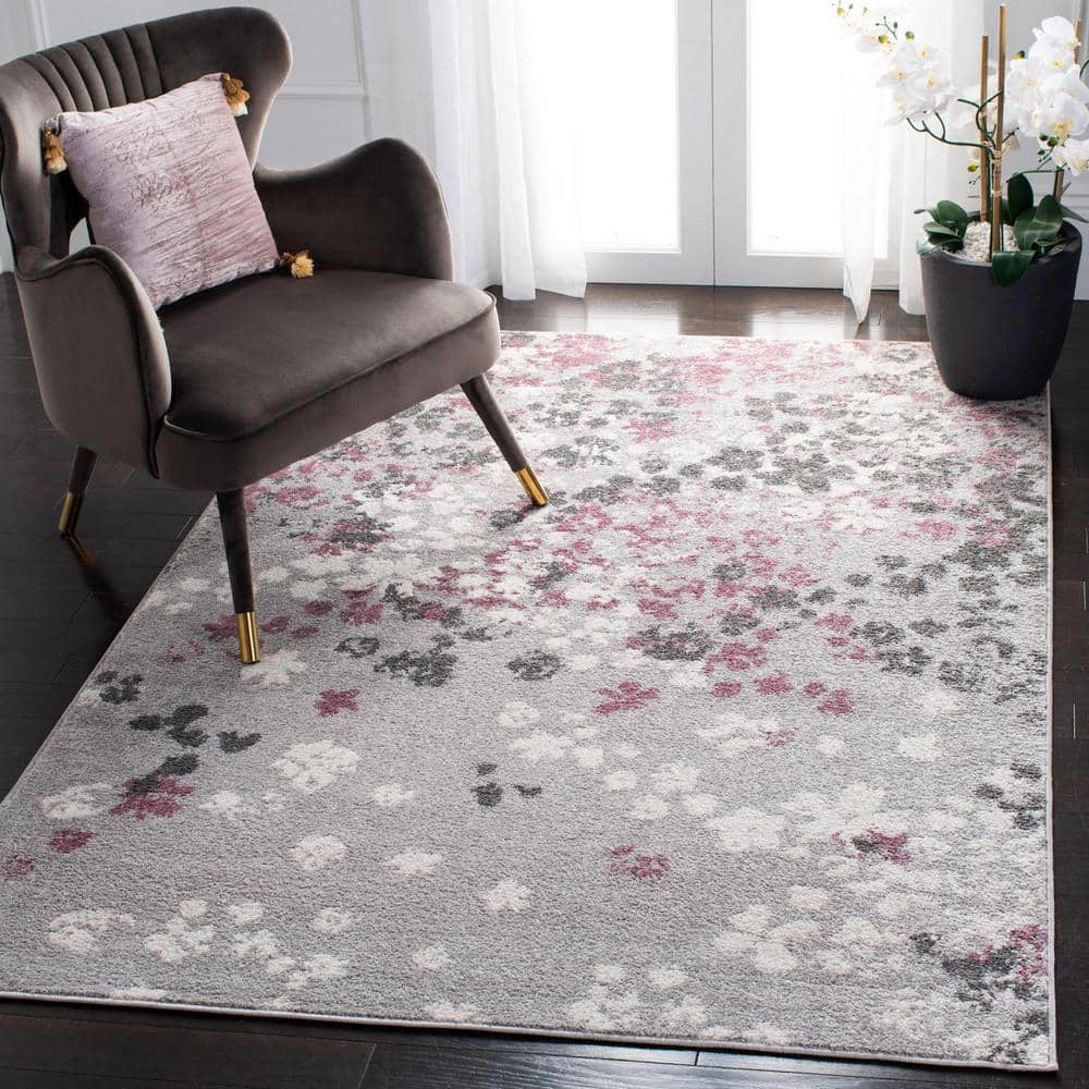 Light Grey and Purple Floral Synthetic 4' x 6' Area Rug