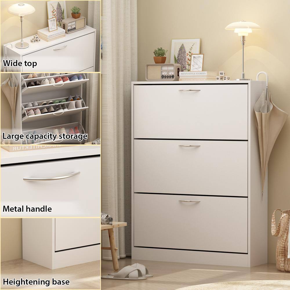 White MDF 3-Drawer Shoe Storage Cabinet with Metal Handles