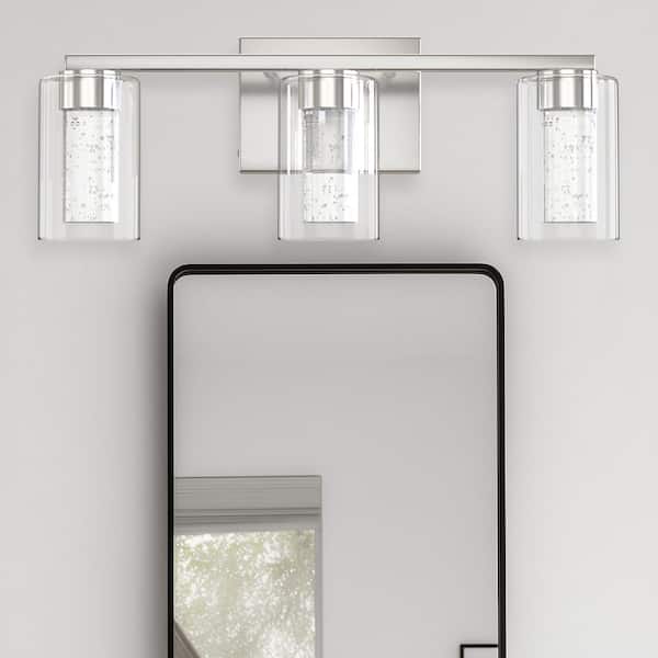 18 In. 3 Light Brushed Nickel LED Vanity Light with Dimmable White Neutral Warm Light Clear Glass Shade