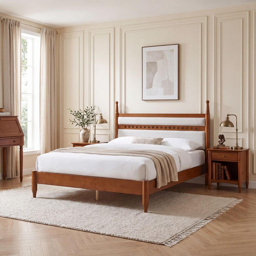 Vintage Brown Wood Frame Queen Size Platform Bed with Grey Fabric Headboard price history on PriceWatchPro