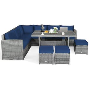 7-Piece Wicker Patio Conversation Set with Blue Cushions and Dining Table