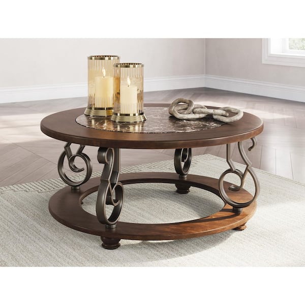 Frallyn 42 in. Dark Brown Round Faux Marble Coffee Table