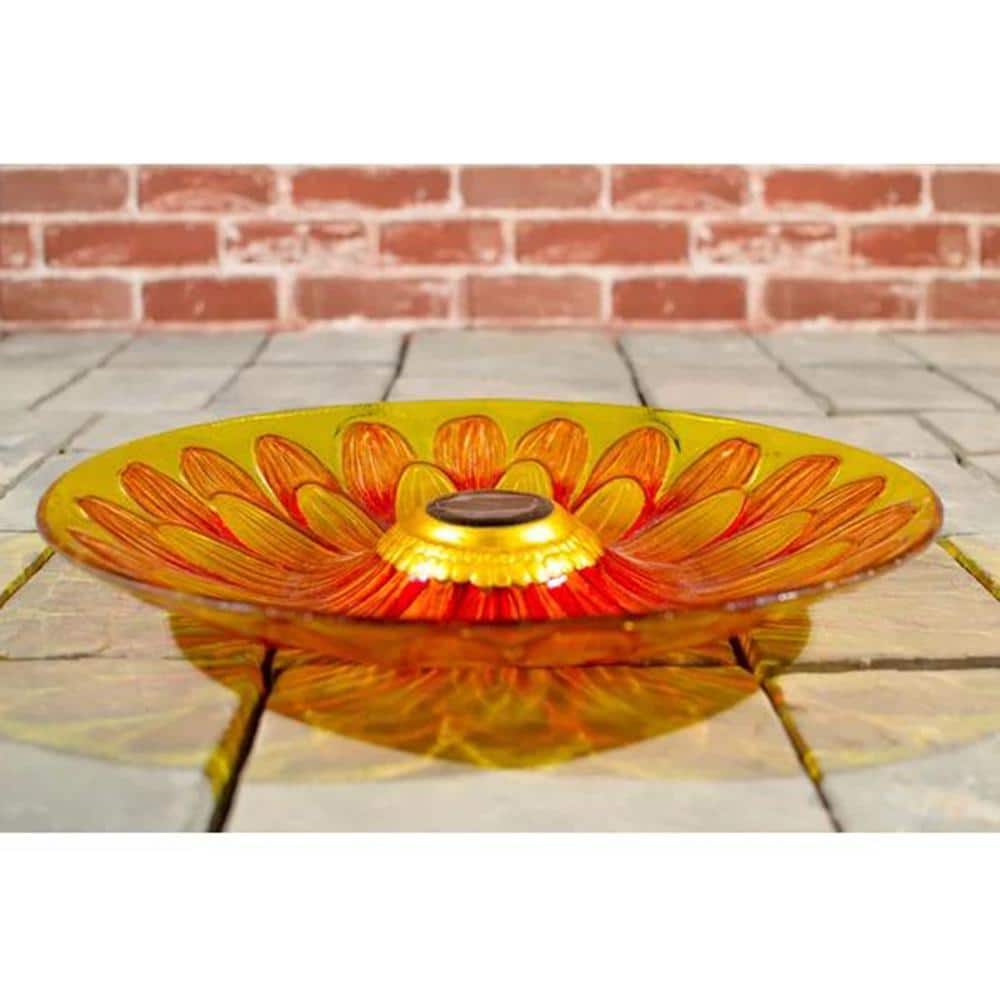 Solar Floral Glass Bird Bath with Metal Stand
