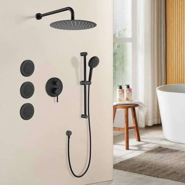 WELLFOR DT 12-in Rain Shower Head Wall Mount Matte Black Dual Head Waterfall Built-in Shower Faucet System with 2-Way Diverter Valve Included