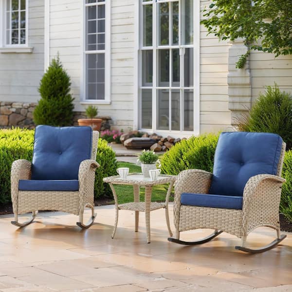 Bestier Beige 3-Piece Wicker Rocking Chairs Patio Conversation Seating Set with Side Table and Blue Cushion