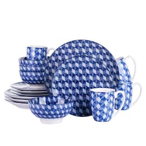 16-Piece Blue Pattern Porcelain Coffee Mugs Dinnerware Set Plates and Bowls Set (Service for 4)