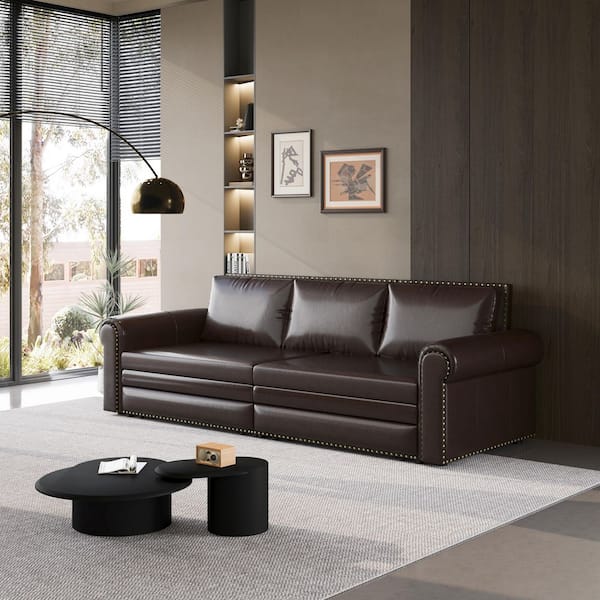 DBZY 93.7 in. Espresso Faux Leather King Size 3-in-1 Convertible Sofa Bed with Nailhead Trim and Rolled Arms