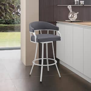 Valerie 26 in. Gray/Silver High Back Metal Swivel Counter Stool with Faux Leather Seat