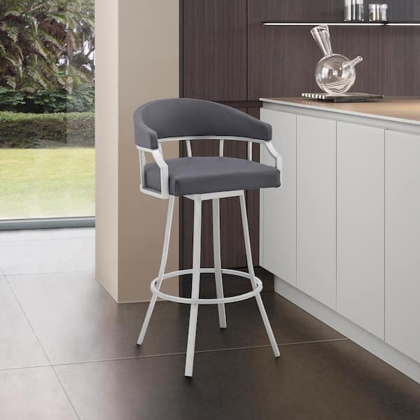 Armen Living Valerie 26 in. Gray/Silver High Back Metal Swivel Counter Stool with Faux Leather Seat