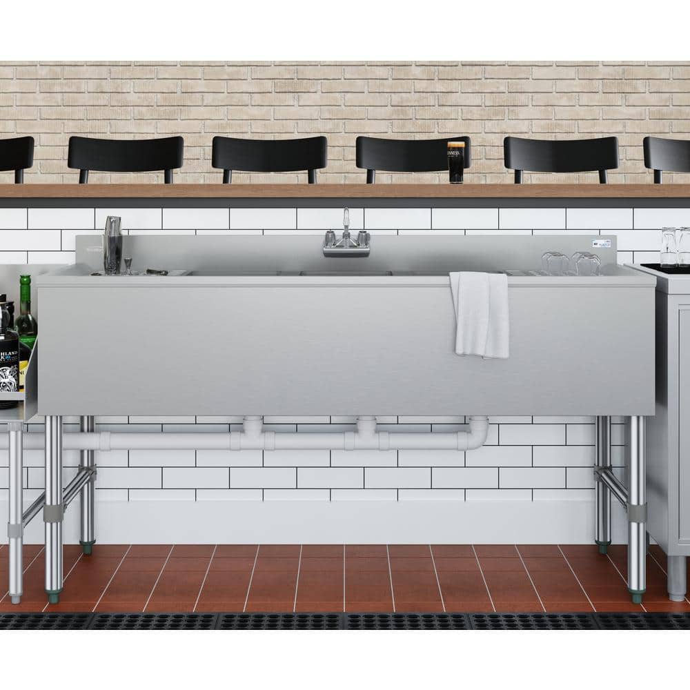 60 in. Stainless Steel Commercial Bar Sink with Copper Faucet and Dual Drainboards