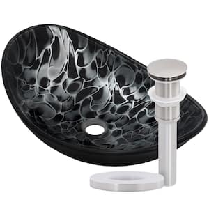 Tartaruga Oval Glass Vessel Sink in Painted Black with Drain and Assembly in Brushed Nickel